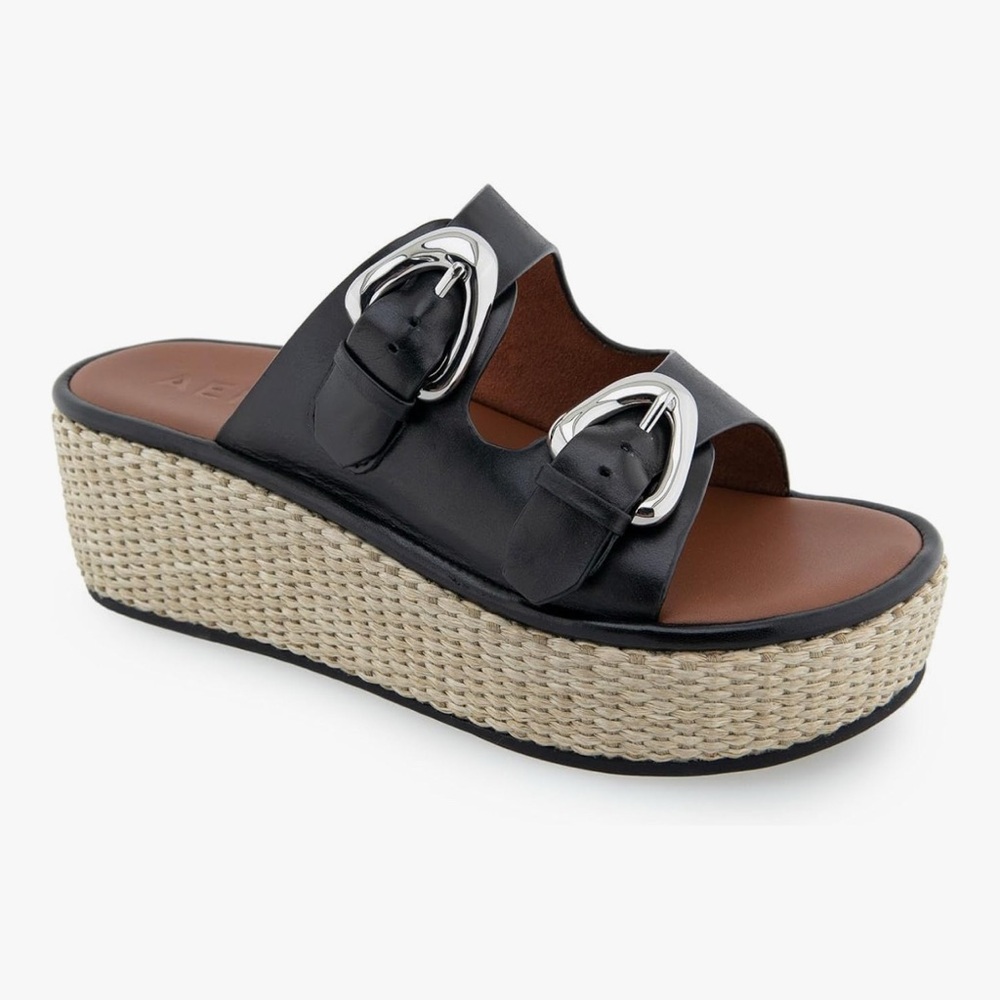 AEROSOLES Darcy Wedge Black Platform Espadrille Sandals Sz 8.5 LIKE NEW - Picture 8 of 11
